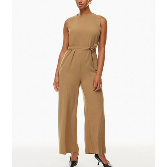 Babaton Pants - Babaton Saville Tan Sleeveless Belted Office Jumpsuit XS Straight One Piece